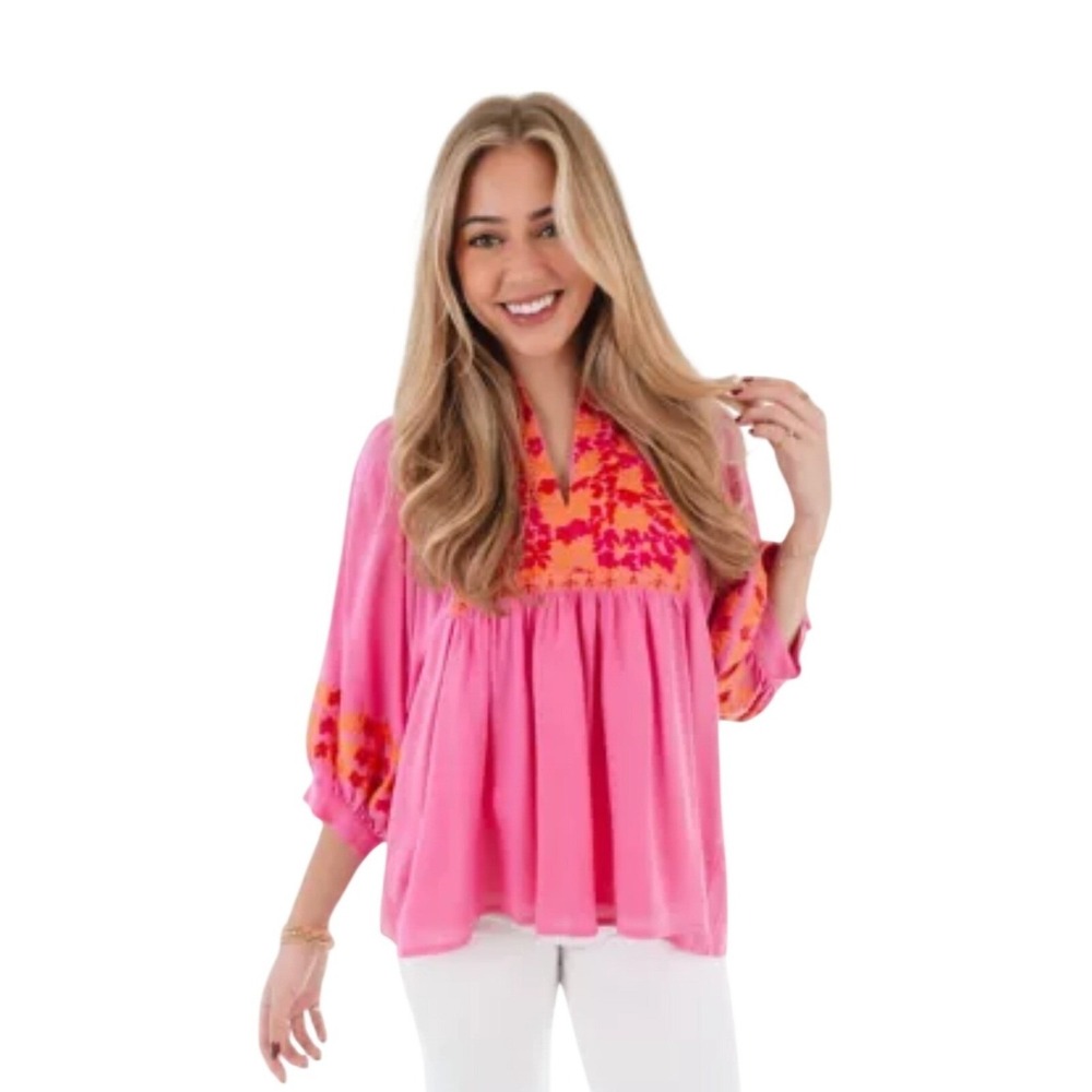 J.Marie NWT SZ LGE the Carlisle Embroidered Floral Pink Orange Tunic Top , vneck